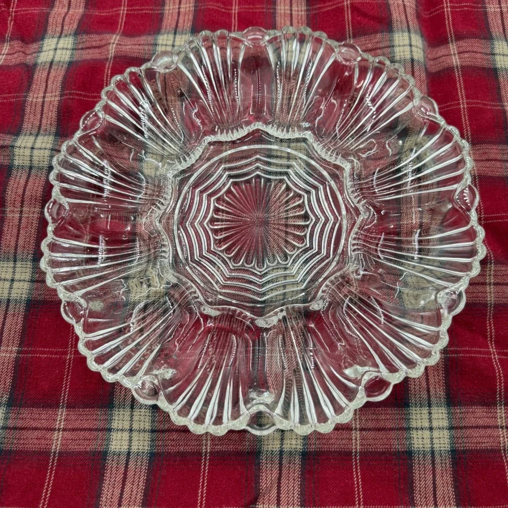 Vintage Clear Pressed Glass Deviled Egg Platter 12 Slot Scalloped Sunburst Tray